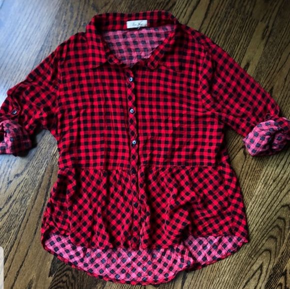 LOVE NOTES BUFFALO RED PLAID PEPLUM TOP  SZ M - Picture 5 of 8